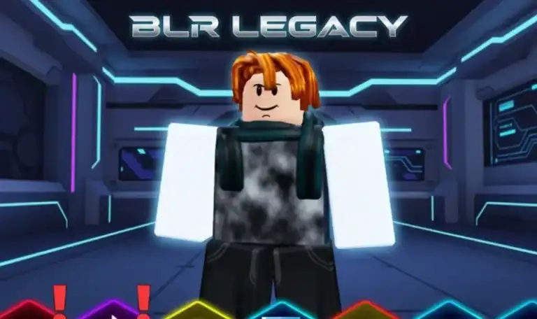 A virtual Roblox avatar with headphones in a futuristic digital environment promoting BLR Legacy game on XYUltra website.
