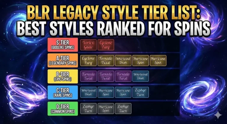 1. BLR legacy style tier list for best slot spins, including Godlike, Legendary, Epic, Rare, and Common spins, with colorful design and tier labels.