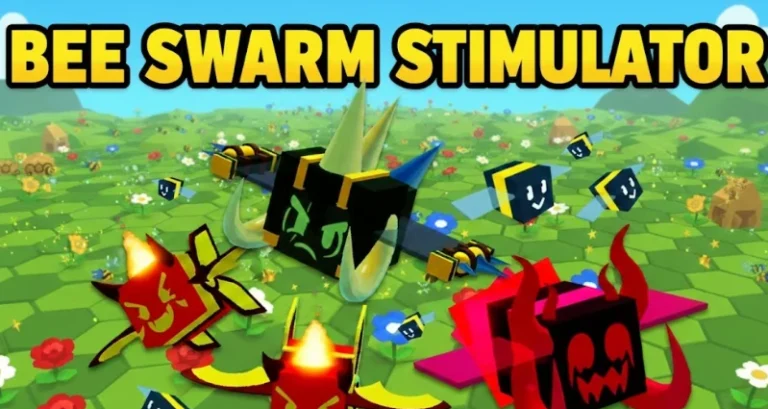 1. Digital illustration of cute cartoon bee swarm enemies with a sci-fi theme from XYUltra game, colorful and vibrant, on a lush green landscape.