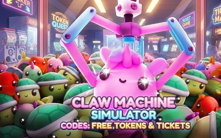 Cute pink unicorn claw machine in arcade with colorful plush toys, promoting XYUltra's claw machine simulator featuring free tokens and tickets for fun gaming experience.