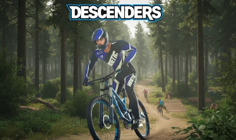 1. Action-packed mountain biking scene with a rider wearing XYUltra gear navigating a forest trail for outdoor cycling adventure.