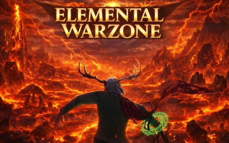 A fiery volcanic landscape with a mythical character wielding magical powers in a game titled "Elemental Warzone.".