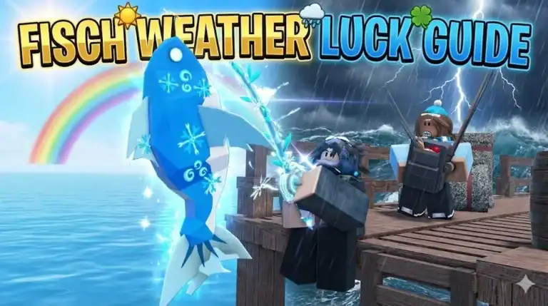 Bright blue fish with snowflake patterns jumping out of water in a stormy ocean scene, featuring animated characters handling a large fish on a wooden dock, with rain, lightning, and rainbow in the background.