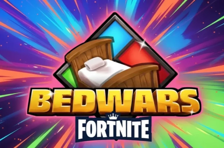 A colorful graphic featuring a bed with Fortnite-themed icons in the background, promoting Bed Wars Fortnite game mode with vibrant animation.