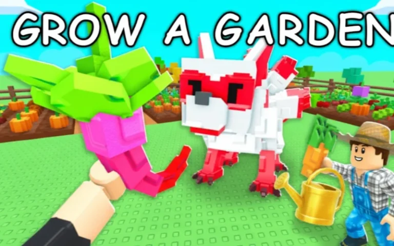 Brightly colored blocky image of a pixelated garden with a playful dragon, a smiling kid holding a watering can, and bold text that says "GROW A GARDEN" for kids' gardening and Minecraft-inspired gameplay.