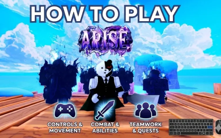 1. Dynamic image from XYUltra game showing characters and gameplay tips for ARISE with controls, combat, teamwork, and quests in a vibrant virtual environment.
