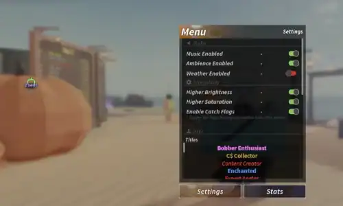 Brightly lit outdoor gaming screen with menu options for music, ambiance, weather, and display settings, featuring colorful text and a blurred background of a modern building.