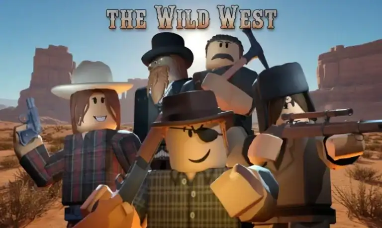 Roblox Wild West game characters in cowboy attire with guns and rifles in a desert landscape, promoting adventure and exploration in the Roblox Western-themed game.