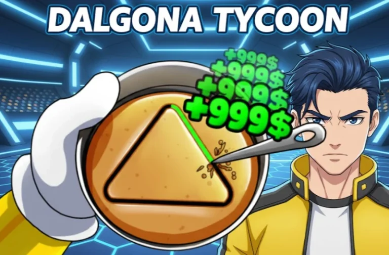 Apex Legends Dalgona Tycoon game screen featuring a protagonist with blue hair in a futuristic setting, holding a Dalgona cookie with a triangle shape, surrounded by icons indicating in-game currency rewards.
