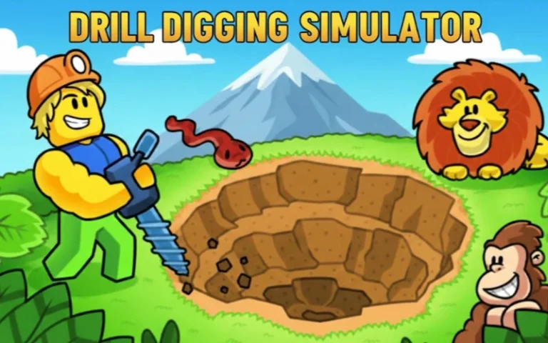 A colorful animated scene of drill digging simulator game with cartoon characters including a cheerful miner, a lion, and a monkey in a vibrant outdoor setting with mountains.
