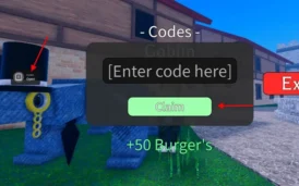 1. A Roblox game screen showing a code redemption prompt with a "Claim" button and in-game currency bonus, set outdoors with buildings and a grassy area.