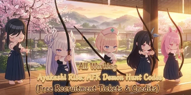 Cute anime-style characters practicing archery in a serene Japanese garden at sunset, promoting XYUltra's Ayakashi Rise game with free recruitments and dungeon codes for gamers.