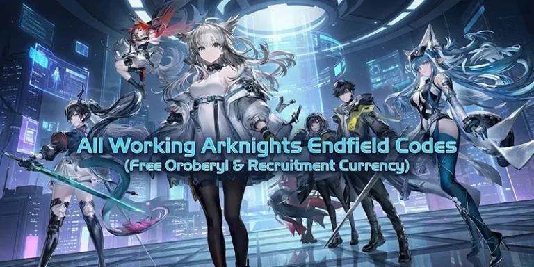 All Working Arknights Endfield Codes for Free Orobery & Recruitment Currency with vibrant anime-style characters in a futuristic cityscape background.