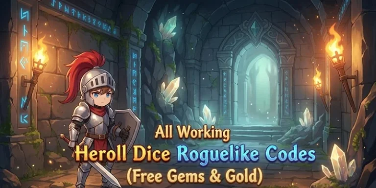 Epic fantasy game scene featuring a knight in armor exploring a mystical crystal-lit dungeon with glowing runes, promoting XYUltra's Heroll Dice Roguelike Codes for free gems and gold.