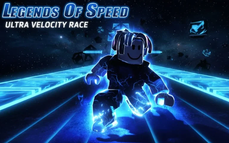 A Roblox character racing on a neon-lit futuristic track with lightning effects, promoting XYUltra's "Legends of Speed" ultra velocity race game with high-speed excitement and gaming adrenaline.