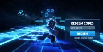 Futuristic digital landscape with a neon-lit runner and a code redemption interface, emphasizing online gaming and digital rewards.