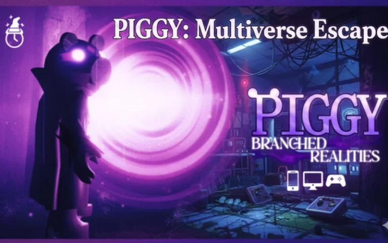 A mysterious, futuristic pig character emerges from a swirling portal, set against a neon-lit digital landscape promoting Piggy multiverse escape games and immersive virtual realities.