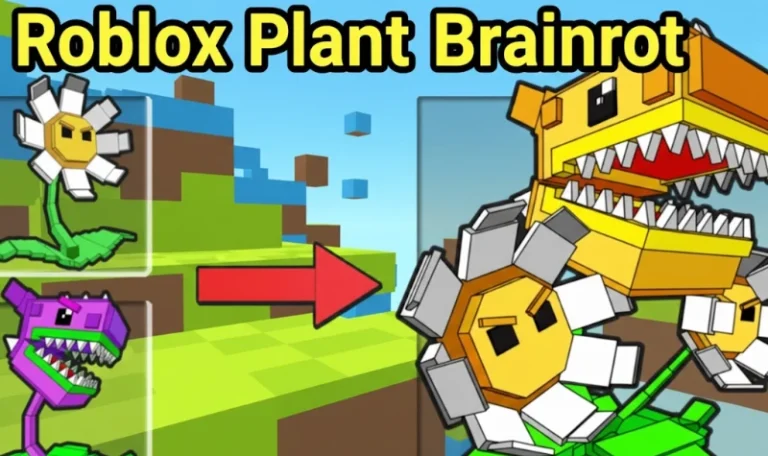 Roblox Plant Brainrot gameplay featuring pixelated flower and dinosaur characters in vibrant blocky environment, showcasing fun gaming moments, popular Roblox avatars, and creative virtual world experiences.