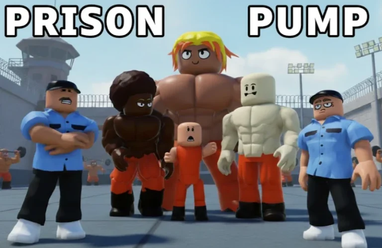 Prison Pump characters from Roblox, featuring muscular and intimidating avatars with security guards, in a virtual prison yard scene to promote Roblox game safety and engagement.