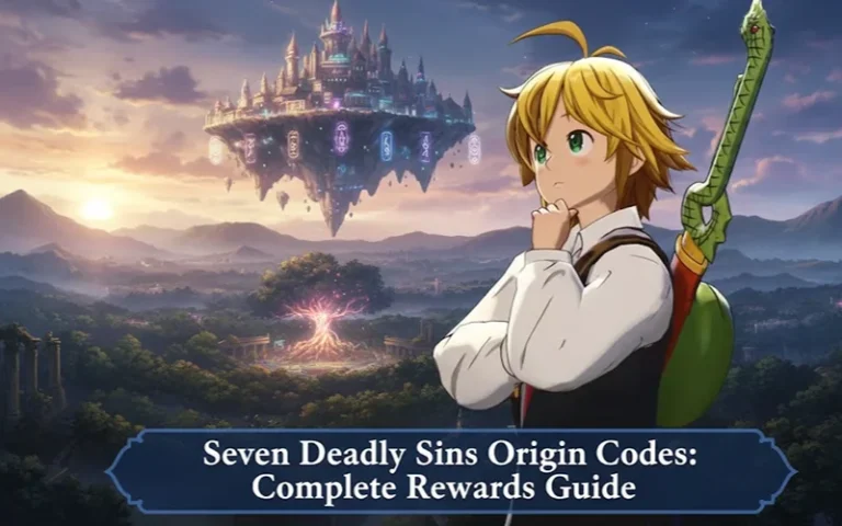 Ancient fantasy landscape with floating castle, lush forest, and animated character with a sword, promoting Seven Deadly Sins Origin Codes and rewards guide for gaming enthusiasts.