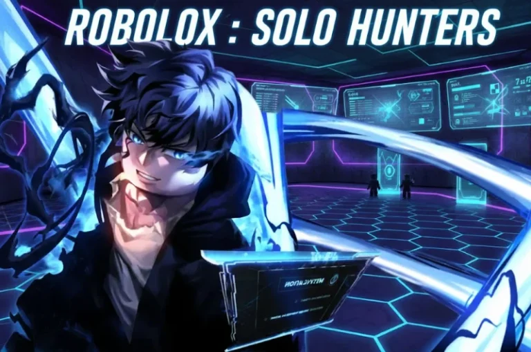 High-tech Roblox game scenario featuring solo hunters with futuristic interfaces and neon lighting – perfect for gaming enthusiasts and digital avatars enthusiasts.