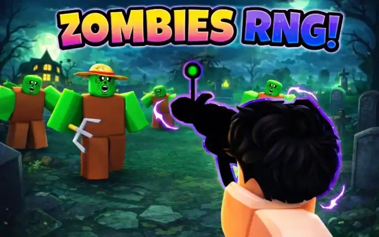 Zombies RPG game featuring blocky zombie characters in a spooky graveyard environment, perfect for gaming enthusiasts and fans of Roblox-style zombie adventures.