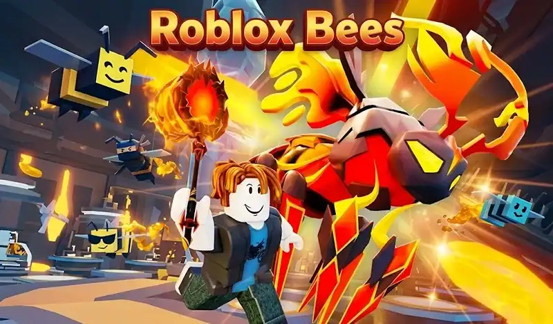 Roblox Bee Battle scene featuring a fiery, armored bee boss and a player character in a vibrant, animated environment with honeycomb structures and glowing elements.