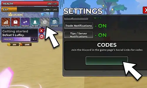 How to redeem codes in Pirate Piece on Roblox settings menu