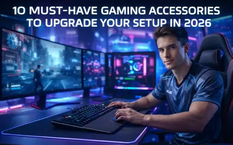 Young gamer at a high-tech gaming station with multiple monitors, RGB lighting, and gaming accessories, highlighting top gear for gaming upgrades in 2026.