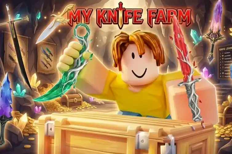 Knife Farm game with colorful swords and treasure chest, promoting free diamonds and cash offers for players.