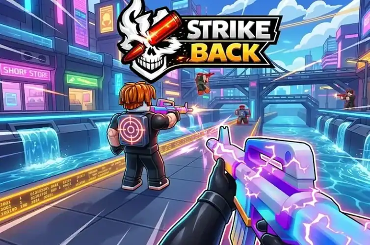 Action-packed scene from Strike Back game showing players using weapons and special effects in a vibrant, futuristic cityscape.