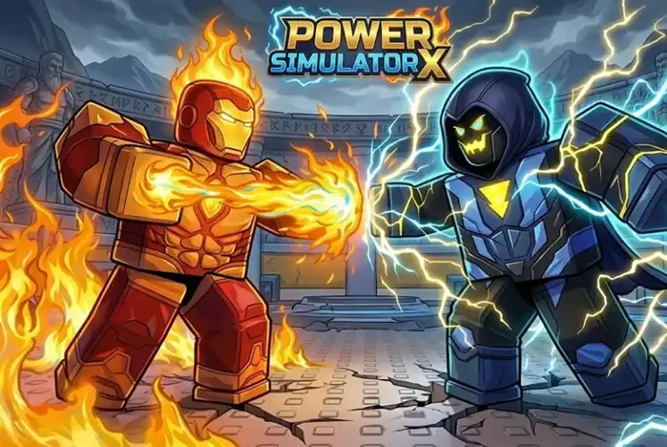 Intense battle scene in Power Simulator X featuring a fiery character and a lightning-powered opponent in a dynamic arena setting.