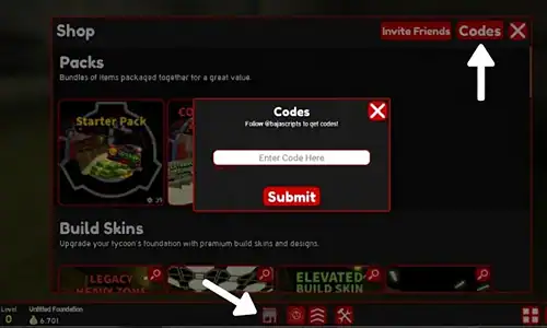 SCP Architect X codes redemption screen in the Shop menu
