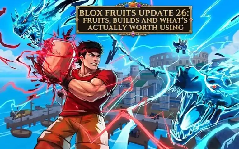 Dynamic scene from Blox Fruits Update 26 showcasing new fruits, character builds, and tier list highlights for players exploring the latest game content.