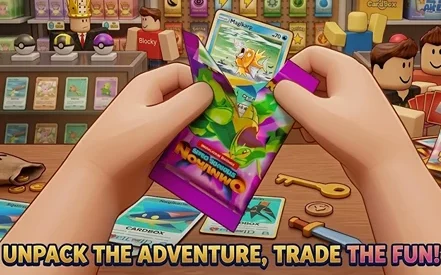 Close-up of hands opening a Card Shop Friends trading card pack with colorful cards and toys in the background, highlighting collectible card game excitement.